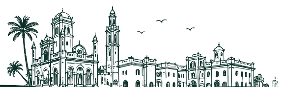 Line drawing of Karachi’s historic buildings with palm trees and birds.